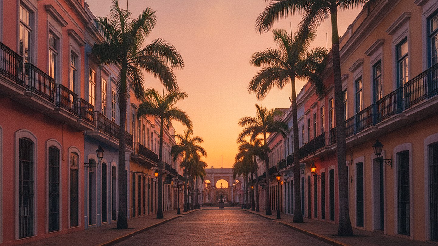 A quiet warm city street at dusk with low buildings, lit windows and long shadows
