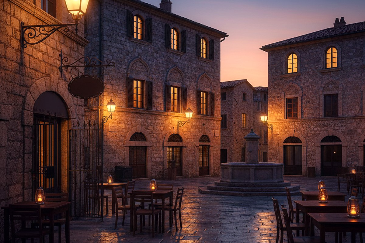 A small city square at dusk with lit windows and empty chairs outside a shuttered cafe