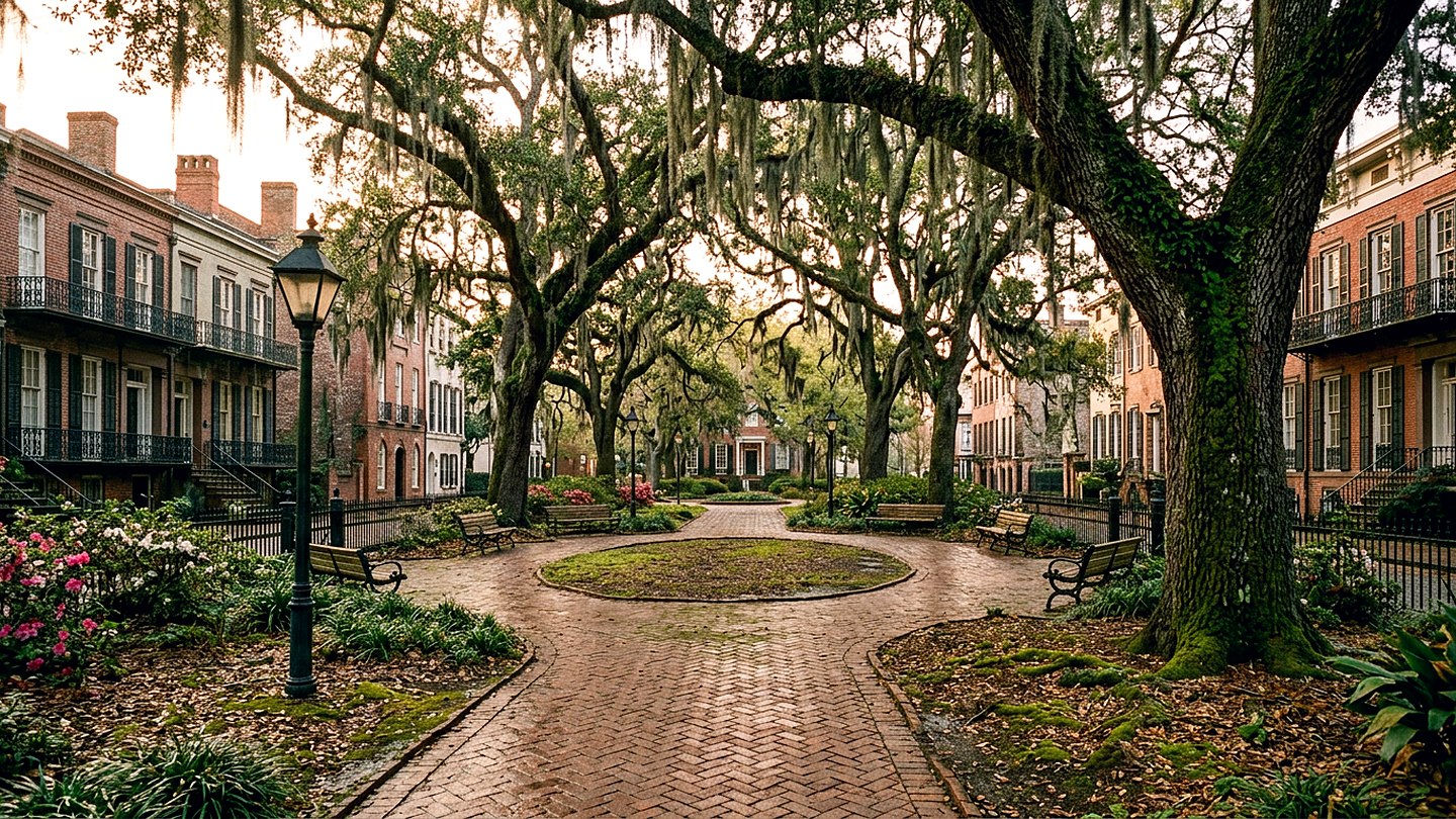 A green square shaded by huge live oaks hung with grey moss, with a brick path running through it